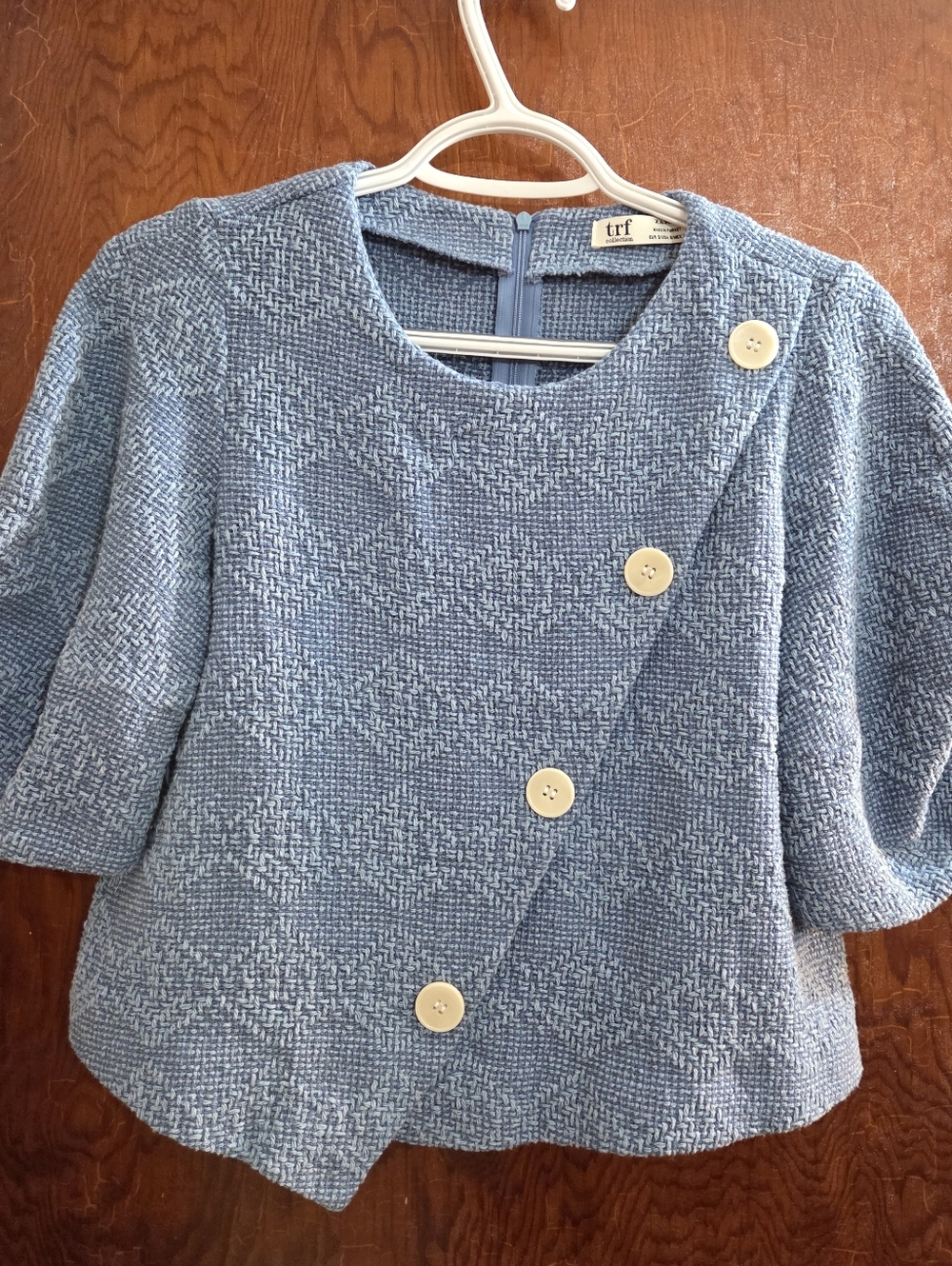 ZARA textured blue puff sleeve TOP size S